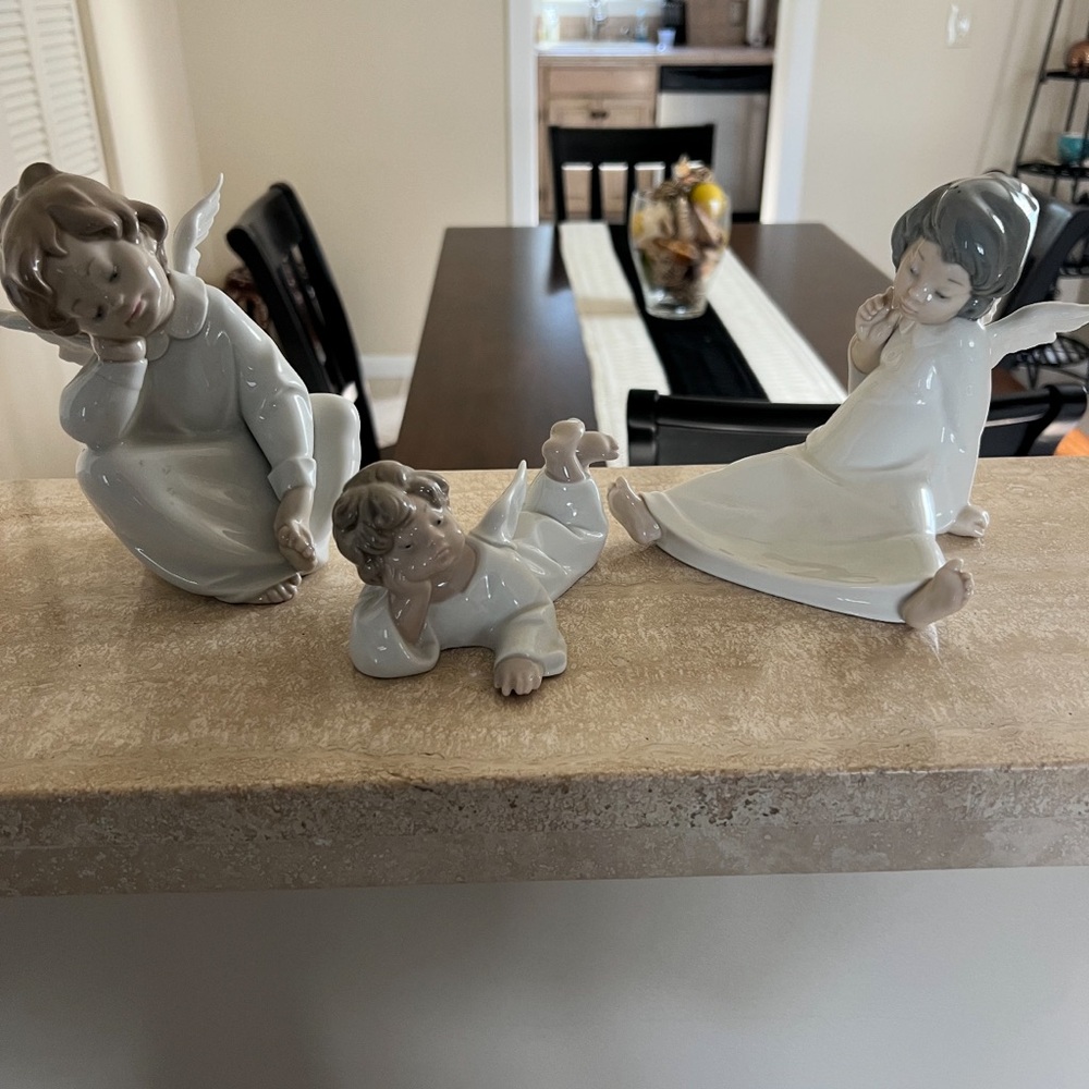 3 Lladro Angel Figurines in White and Gray authentic